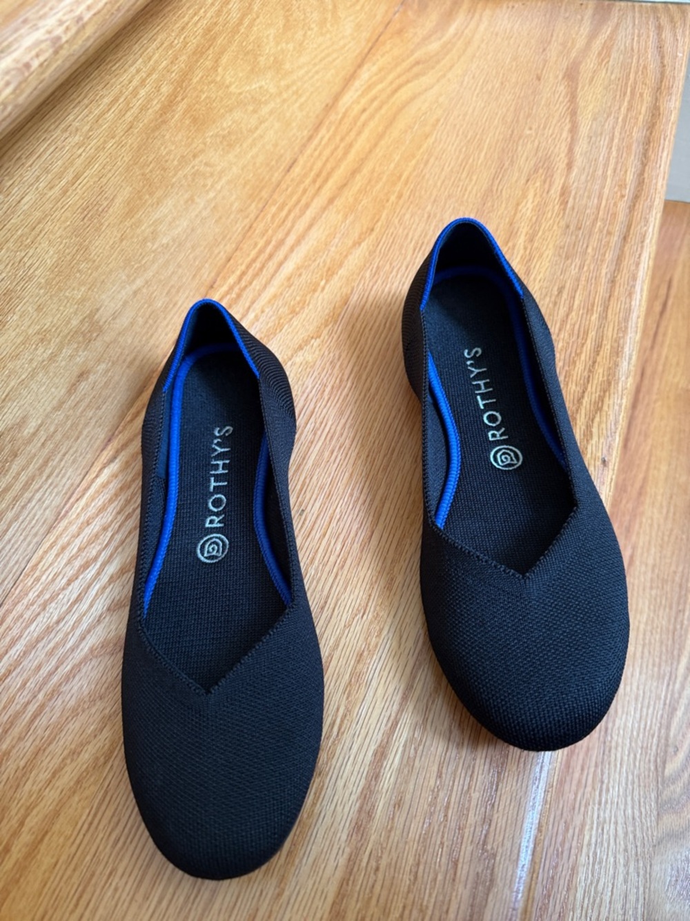 Rothys Round Toe Black Knit Flats Blue Halo Trim Ballet Shoes Womens 9.5
